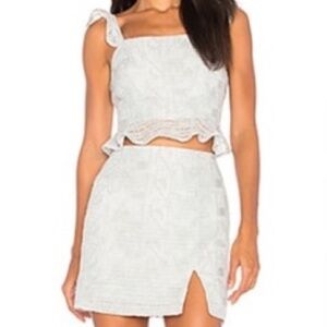 NWT J.O.A. Revolve ruffle hem crop lace mini skirt set in Mint Blue Coord